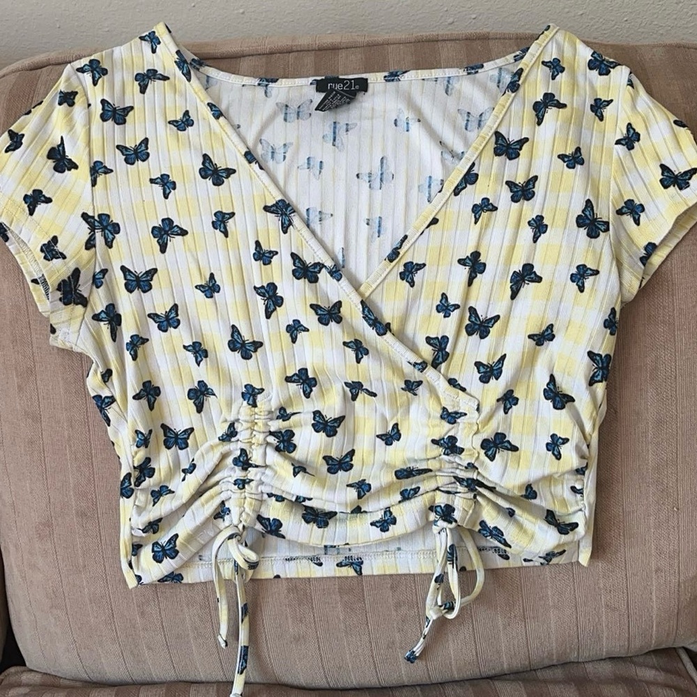 Rue 21 XL yellow and blue butterfly top
